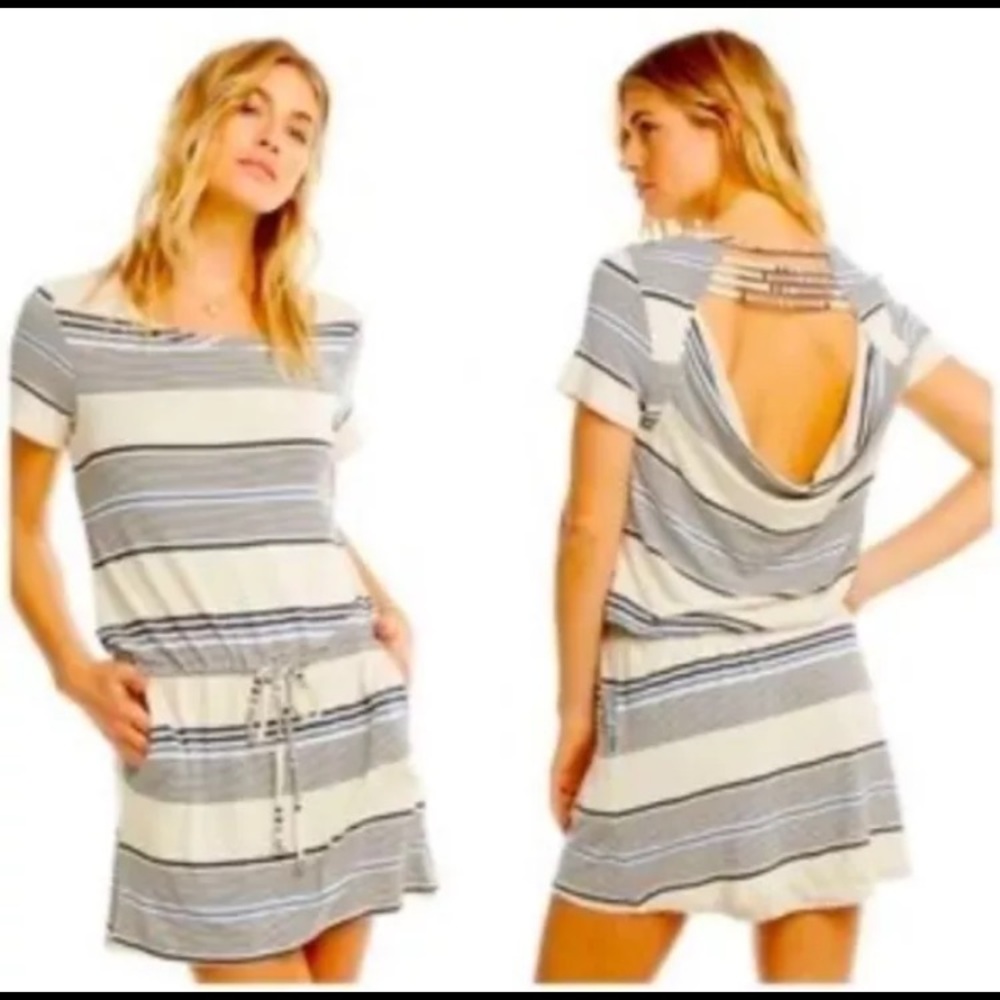 NWT CHASER Striped Mini Dress Size M Women’s Draped Back Pockets Vacay!